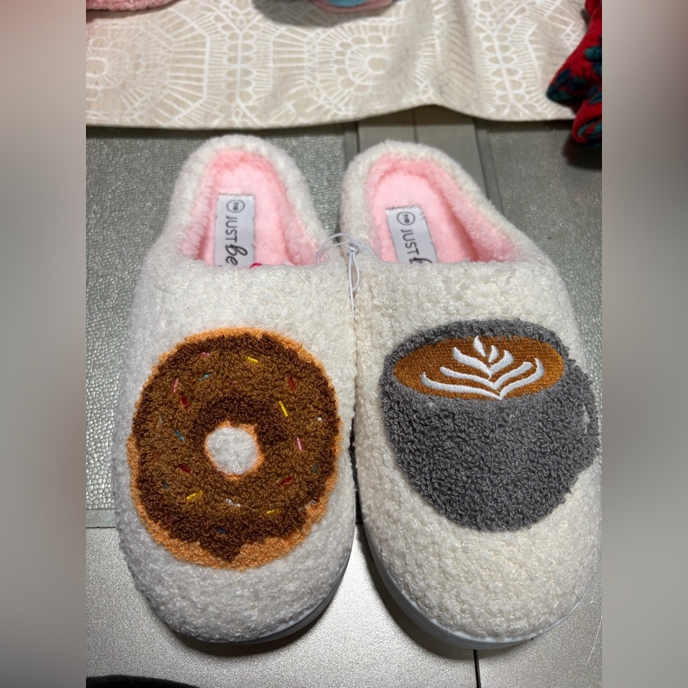 Just Be Cozy Donut and Coffee Slippers - White and Gray. Size 7/8.